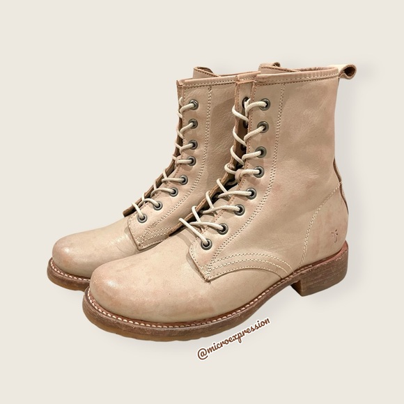 $399 Frye Veronica Combat Tan Cream Distressed Leather Lace Up Vintage Moto Boot - Picture 12 of 16